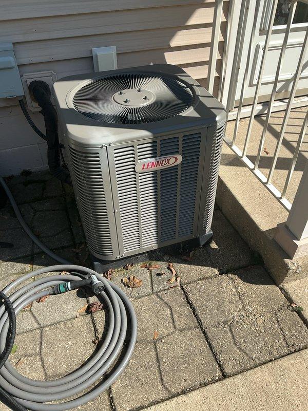Completed comprehensive AC maintenance tune-up on a six-year-old Lennox condensing unit. Performed standard preventative maintenance procedures including refrigerant pressure check, electrical component inspection, condenser coil cleaning, and fan motor operation verification. System tested and operating within manufacturer specifications with no deficiencies noted.