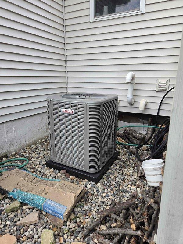 Completed full HVAC system installation including 70,000 BTU gas furnace with humidifier and 3-ton Lennox air conditioning unit with matching evaporator coil. Positioned outdoor condensing unit on equipment pad in rear yard location with proper clearances, installed refrigerant line set and condensate drain piping through exterior wall, and established all electrical connections. Reconnected existing ductwork to new furnace, verified proper airflow and refrigerant charge, and confirmed all equipment operational per manufacturer specifications.