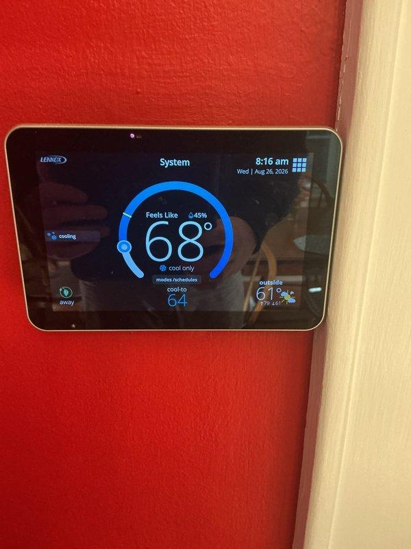 Completed routine preventative maintenance on a 6-year-old central air conditioning system. Performed comprehensive tune-up including inspection of outdoor condensing unit, indoor evaporator coil, and associated components. Verified Lennox smart thermostat operation and confirmed system cooling to setpoint of 64°F with proper temperature differential. Inspected furnace cabinet and ductwork in basement mechanical room, checking for proper airflow and secure connections. Cleaned condenser coils, checked refrigerant pressures, tested electrical connections, and verified proper system operation. All components functioning within manufacturer specifications with no issues identified or repairs required.