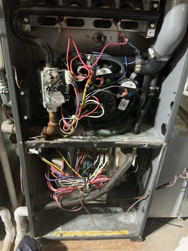 Completed routine maintenance tune-up on 10-year-old furnace system. Performed comprehensive inspection of all internal components including gas valve assembly, capacitors, electrical connections, and wiring harnesses. Verified proper operation of all systems, checked electrical connections for secure fitment, inspected burner assembly and heat exchanger. Unit found to be operating within normal parameters with no immediate service needs identified. All safety checks passed and system returned to service.