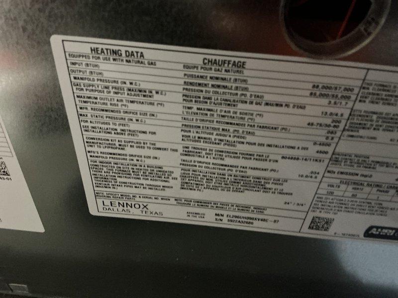 Completed comprehensive AC tune-up and furnace maintenance on a 3-year-old Lennox WT 10-2027 system. System was confirmed operational upon arrival with proper heating and cooling functionality. Performed standard preventive maintenance procedures including inspection of heating data specifications, verification of thermostat operation displaying 71°F current temperature with heat setpoint at 78°F and 56% humidity level, and documented all equipment specifications and operating parameters for maintenance records.