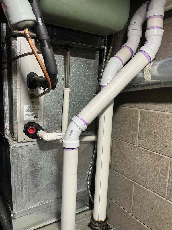 Responded to no heat call on 10-year-old Bryant forced air furnace system. Upon arrival, found unit operational but customer reported excessive noise during operation and confusion regarding cooling versus heating function. Performed system inspection and documented equipment condition with photos showing furnace installation, condensate drainage system with PVC piping, refrigerant lines, and auxiliary components in basement mechanical room. Verified furnace operation, checked condensate drain lines for proper function, and inspected all visible components including air handler connections and ventilation system. Educated customer on proper system operation and differences between heating and cooling modes for forced air system.