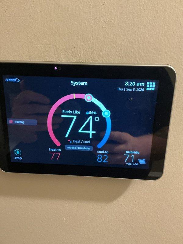 Completed comprehensive 5-year recurring ComfortGuard maintenance service on Lennox HVAC system. Performed full system inspection including thermostat functionality verification, internal component examination, electrical connection assessment, and control board evaluation. Thermostat displayed proper operation with accurate temperature readings and system mode controls functioning correctly. Inspected internal unit components including blower motor assembly, wiring harnesses, circuit board terminals, and mechanical mounting hardware, confirming all connections secure and components operating within normal parameters.