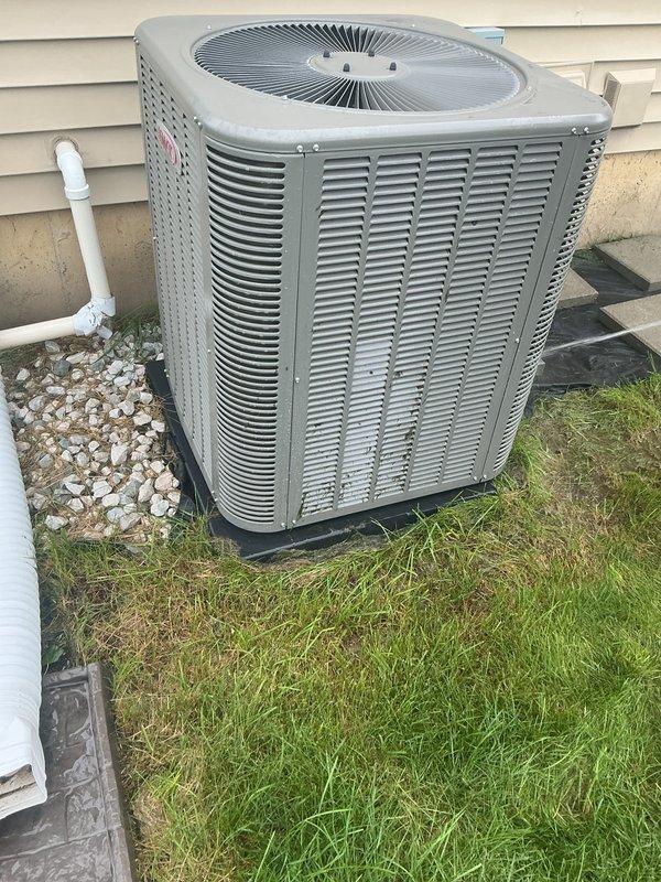 Completed routine Air Care Maintenance on residential HVAC system. Replaced two dirty air filters showing significant dust and debris accumulation with new filters to restore proper airflow and system efficiency. Inspected outdoor condenser unit, verified operational status, checked refrigerant line connections, and confirmed unit is running within normal parameters with fins intact and proper drainage.