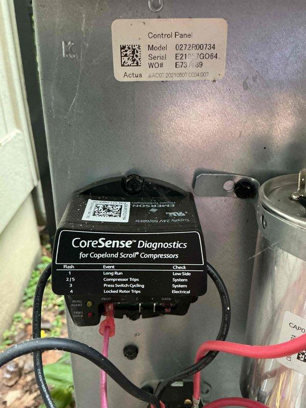 Responded to callback for no airflow and thermostat not controlling system. Performed diagnostic evaluation of air conditioning system and Copeland scroll compressor using CoreSense diagnostic tool. Verified outdoor condensing unit operation, inspected control panel components, and tested system functionality. Previous service history indicated furnace board and thermostat replacement had been completed. Confirmed system operational status and documented equipment condition with photographic records of outdoor unit installation and control panel diagnostics.