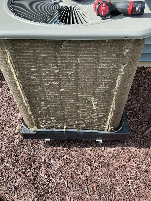 Completed annual heating maintenance on AHU system. Performed inspection of internal components including blower motor, gas valves, electrical connections, and heat exchanger assembly. Replaced MERV 11 air filter (HCF16-11). Inspected outdoor condenser unit which exhibited heavy accumulation of dirt and debris on exterior coil fins restricting airflow. All mechanical and electrical components within furnace compartment were visually inspected and found to be in operational condition with proper wire connections and gas line fittings secure.