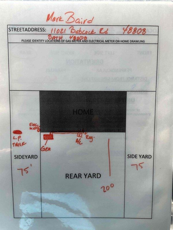 Completed electrical estimate for whole home generator installation at manufactured home property. Assessed site conditions including existing LP tank location, electrical meter placement, and available yard space with 75-foot side yards and 20-foot rear yard clearance. Provided comparative estimates for Generac and Kohler whole home generator systems as new installation, documenting utility locations and optimal generator placement for code compliance and efficient operation.
