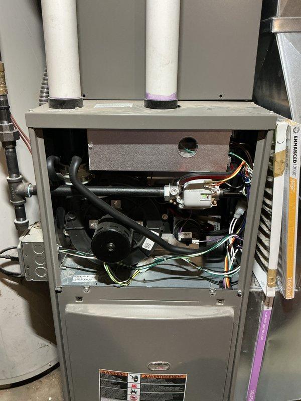 Completed comprehensive Air Care Heating maintenance on residential high-efficiency furnace system. Performed thorough inspection of all internal components including inducer motor assembly, gas valve, blower motor, capacitor, and electrical connections. Verified proper operation of PVC exhaust and intake venting system, checked all wiring harnesses and safety controls, and confirmed unit is operating within manufacturer specifications for the upcoming heating season.