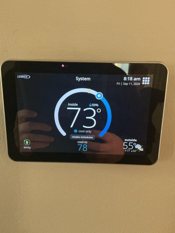 Completed annual heating and cooling maintenance on Lennox HVAC system. Performed comprehensive inspection of air handler unit, verified thermostat operation showing system cooling to 78°F setpoint with indoor temperature at 73°F and 59% humidity. Replaced filters and pads as part of scheduled preventative maintenance to ensure optimal system performance and air quality.