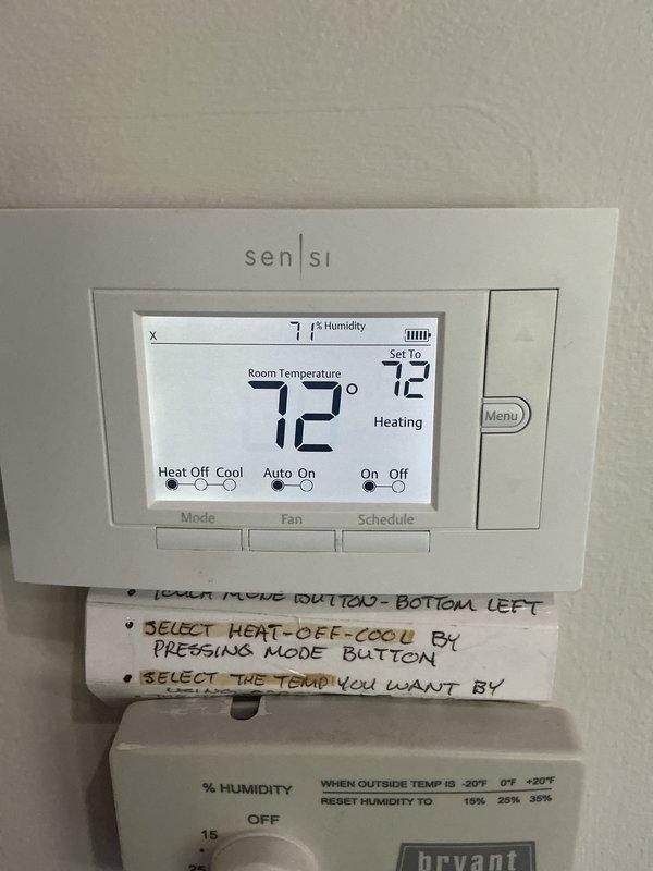 Completed comprehensive tune-up service on 13-year-old Bryant furnace and air conditioning system. Performed full system inspection including thermostat operation verification on Sensi digital unit, checked all electrical connections and wiring, inspected ductwork and refrigerant lines, tested heating cycle operation, and confirmed proper airflow throughout the system. All components found operating within normal parameters with no issues identified; system ready for continued seasonal use.