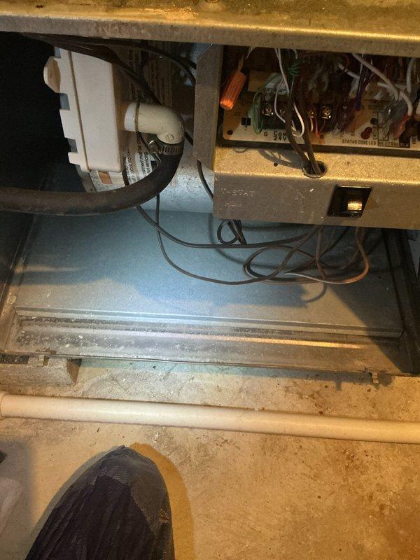 Completed annual HVAC maintenance inspection on air handling unit. Performed thorough examination of blower motor assembly, electrical connections, and internal components including circuit board, wiring harnesses, and gas valve connections. Inspected condensate drain pan and PVC drain line for proper operation, verified all mechanical components are functioning within normal parameters, and documented equipment condition with no immediate service needs identified.