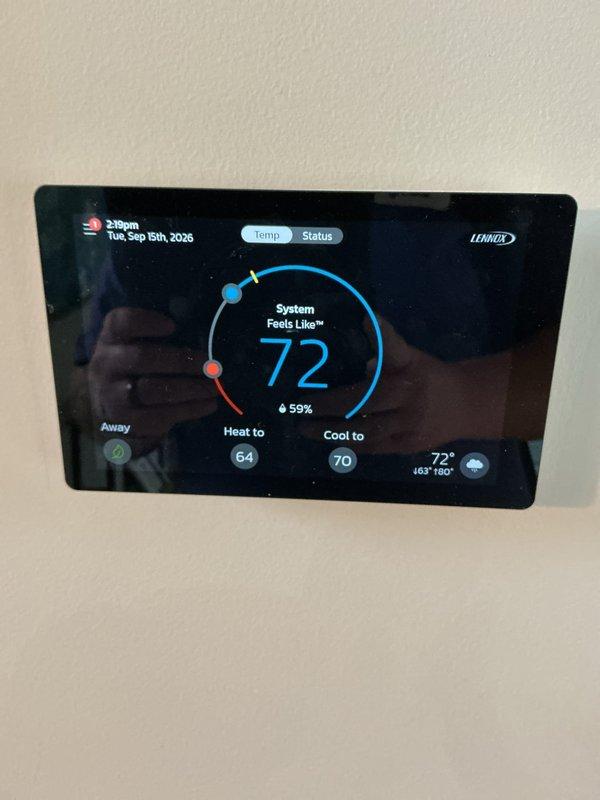 Completed comprehensive preventive maintenance on residential air conditioning system. Performed full system inspection including refrigerant pressure and temperature diagnostics, verifying proper superheat and subcooling levels. Confirmed Lennox thermostat operation with system maintaining 72°F setpoint with heat set to 64°F and cool set to 70°F, humidity reading at 59%. Tested all system functions, inspected outdoor condensing unit components, and verified proper equipment operation with no deficiencies noted.