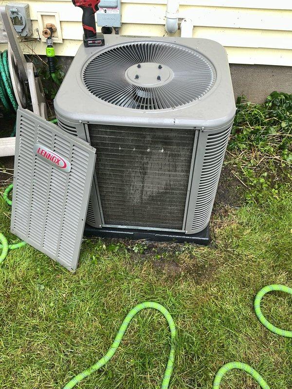 Completed return visit to perform ComfortGuard maintenance service on AC unit and evaporator coil that was previously unable to be serviced due to ground bee infestation. Removed access panel from Lennox condenser unit and performed comprehensive coil cleaning and system inspection. Verified proper refrigerant line connections, assessed condenser coil condition, and completed all standard maintenance protocols for the outdoor equipment per ComfortGuard 5-year service specifications.