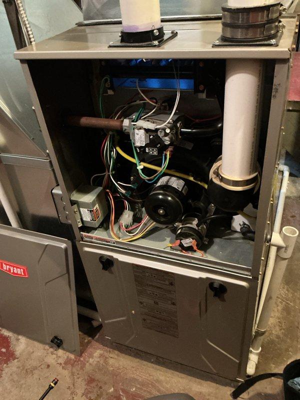Completed annual HVAC maintenance on Bryant furnace system. Replaced air filters and humidifier pad to ensure optimal system performance and air quality. Inspected internal components, blower motor, electrical connections, and condensate drainage system; all found to be operating within normal parameters.
