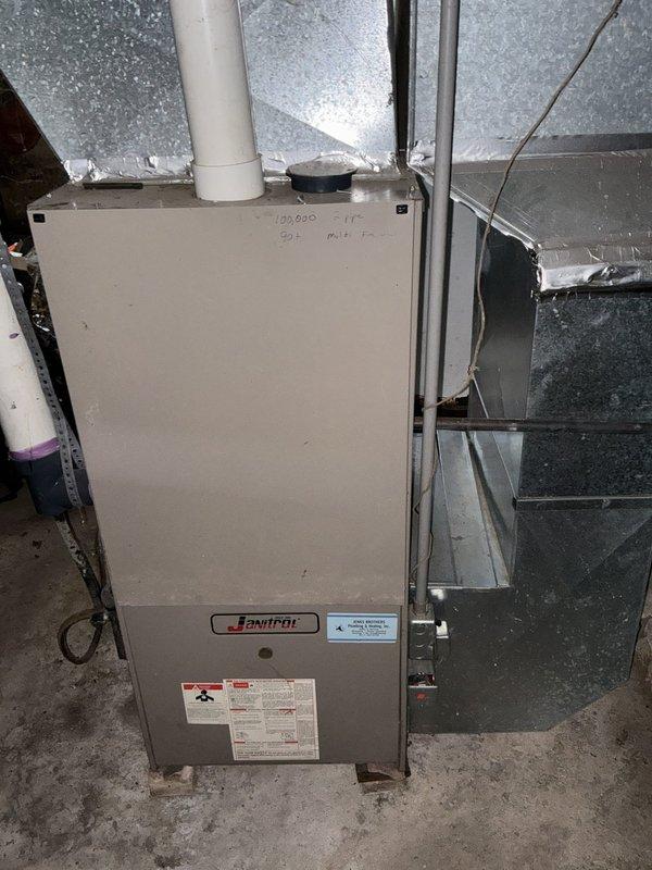 Responded to no-heat call for basement-located furnace of unknown age. Upon inspection, evaluated existing Janitrol heating system and associated HVAC components including air handler, ductwork, and ventilation systems. Provided comprehensive estimate for complete system replacement due to equipment failure and age-related concerns.