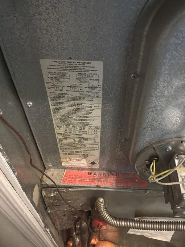 Responded to service call for heating and cooling system not functioning properly. Performed comprehensive diagnostic evaluation of direct vent forced air furnace located in interior closet and associated outdoor condensing unit. Inspected all major components including heat exchanger, blower assembly, gas valve, ignition system, thermostat wiring, and refrigerant circuit. Assessed overall system condition and determined equipment age and serviceability. Documented existing equipment specifications and serial numbers. Provided full system replacement estimate due to equipment failure and age-related deterioration affecting both heating and cooling capabilities.