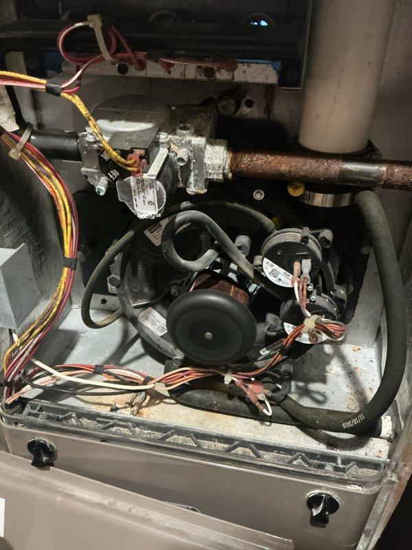 Responded to no heat call on 8+ year old TM9E060B12MP11A direct vent furnace located in basement. Upon inspection, identified significant rust and corrosion on horizontal drain pipe above condensate coil, consistent with reported water leakage issue. Performed diagnostic evaluation of blower motor and all electrical components; all motors tested within normal operating parameters and no motor replacement was required at this time. Advised that corroded drain line requires replacement to prevent further water damage to coil assembly and surrounding components.