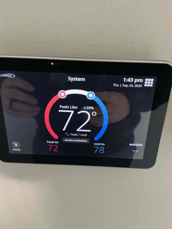 Completed annual heating maintenance service on Lennox HVAC system. Inspected and replaced air filter with pleated media filter. Verified thermostat operation and system settings, confirming proper temperature control functionality with heat set to 72° and cool set to 78°.