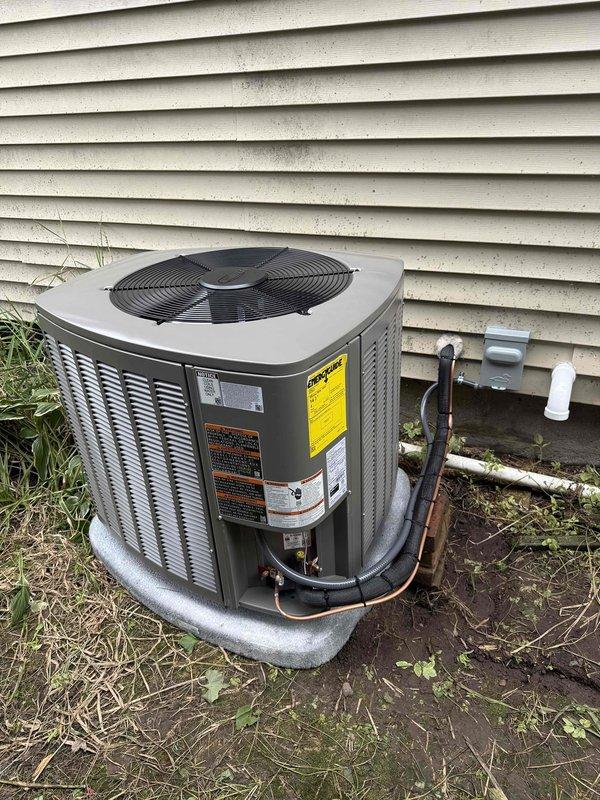 Completed full HVAC system installation including 70,000 BTU furnace, 2.5-ton air conditioning unit, and evaporator coil. Positioned AC condenser unit in left side yard on composite pad with proper refrigerant line connections and condensate drainage. Successfully reconnected all electrical and mechanical components, verified system operation, and finalized all required permit documentation.