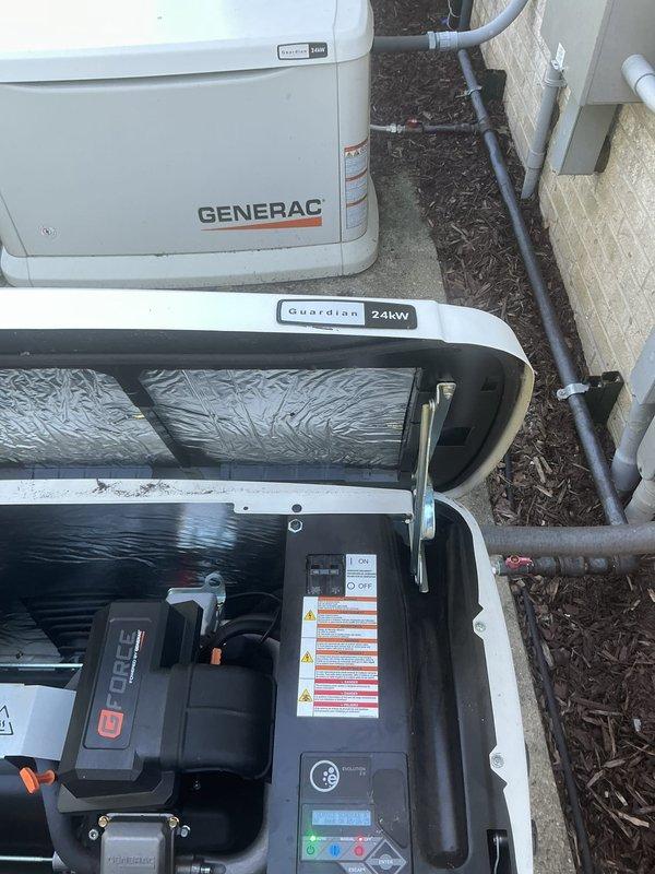 Performed routine maintenance inspection on two Generac Guardian standby generators operating in parallel configuration. Investigated customer concern regarding green and amber indicator lights displaying on both units. Verified both generators were functioning properly and confirmed that the illuminated status lights indicated normal standby mode operation with no fault conditions present. Inspected control panels, battery connections, transfer switches, and utility connections on both systems. All components found to be in proper working order with no corrective action required.
