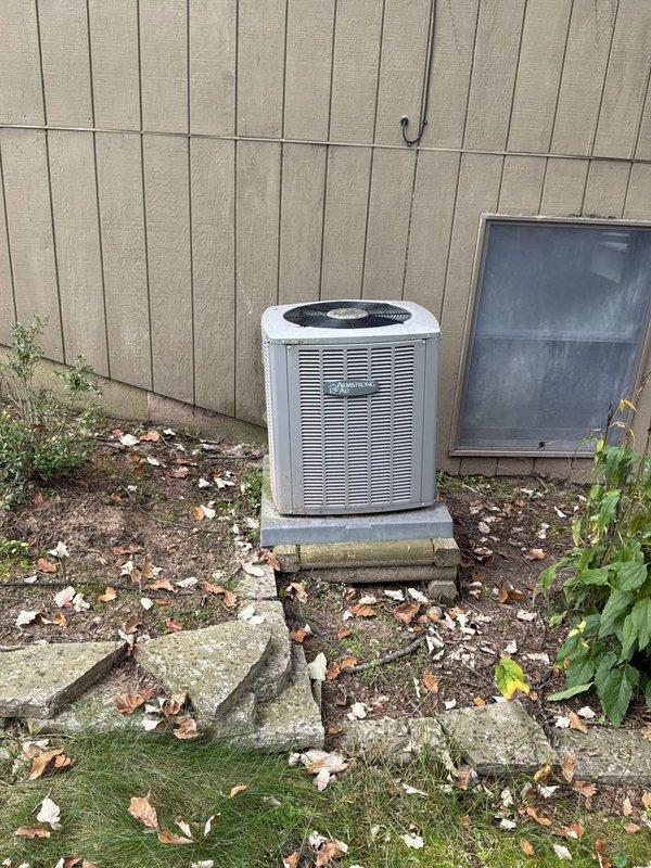 Conducted estimate appointment for furnace replacement at single family residence with original heating equipment dating from 1988, approximately 38 years old. Inspected existing HVAC system including outdoor air conditioning unit and electrical panel to assess replacement requirements and compatibility. Documented equipment condition and site specifications through photographs for proposal preparation, with no active system malfunctions or emergency issues reported at time of visit.