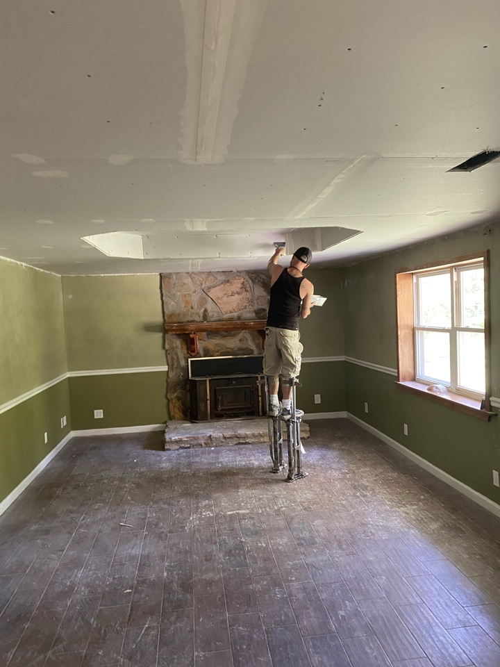 Tallassee, AL - ProTek crew member finishing drywall joint at this fire restoration job in Tallassee Tallassee, AL - ProTek crew member finishing drywall joint at this fire restoration job in Tallassee