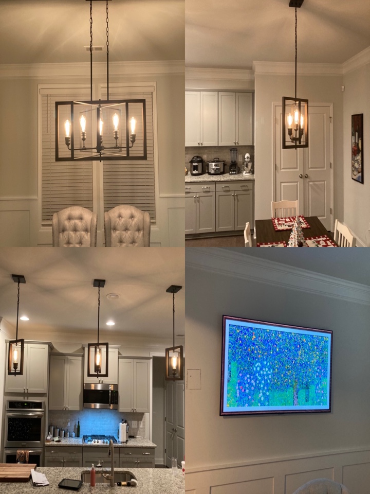 Electrician hanging a tv and replacing light fixtures