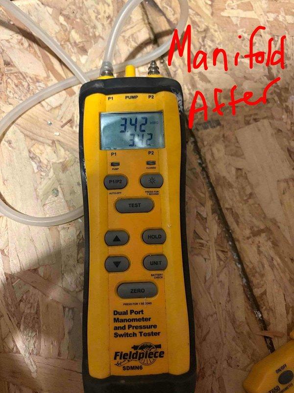 Responded to warranty service call for 5-year-old system experiencing heating failure. Diagnosed gas valve malfunction through pressure testing, with manometer readings confirming 342 on both P1 and P2 ports. Successfully replaced defective gas valve and verified proper system operation by conducting post-installation pressure tests and cycling the furnace through normal operation.