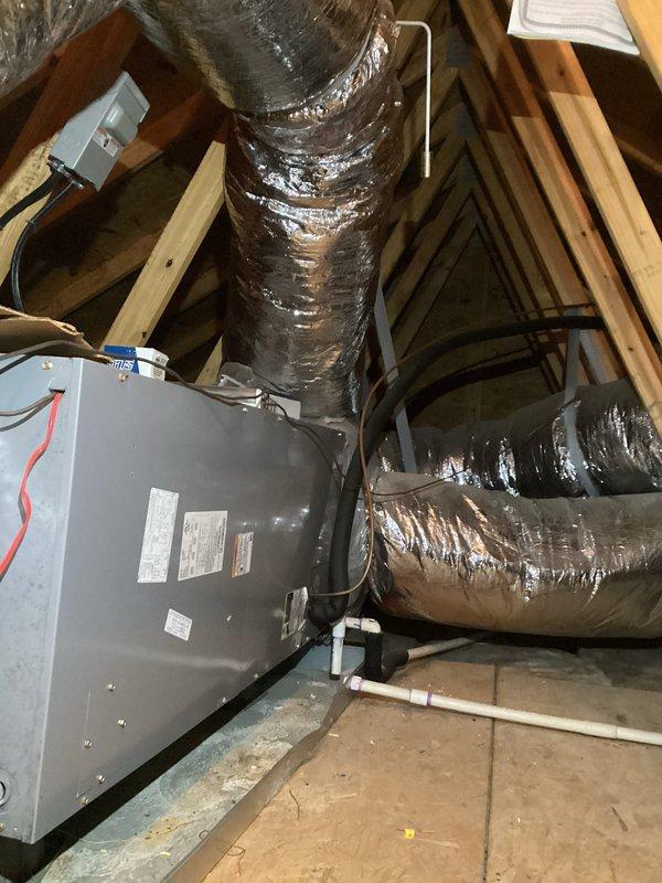 Responded to service request for a 12-year-old HVAC system not providing adequate heat. Diagnostic inspection revealed system was cycling but not maintaining set temperature. Identified and repaired faulty connection in ductwork within attic space that was causing significant heat loss. System now operating properly and maintaining desired temperature throughout home.