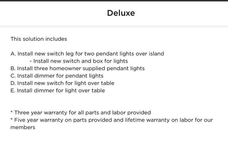 Conducted site assessment for potential installation of pendant lights above kitchen island and dining area. Presented customer with "Deluxe" package options including new switch leg installation for island pendants, installation of three customer-supplied fixtures, dimmer controls, and additional switch/dimmer for table lighting. Inspected electrical panel to verify capacity for proposed additions; panel appears in good working condition with proper labeling and no visible issues.