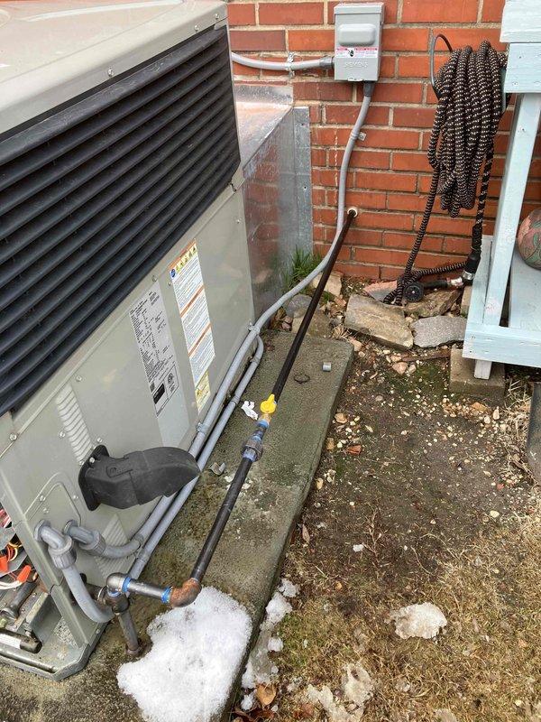 Completed gas line repair on outdoor HVAC unit as requested. Replaced corroded circular metal fittings/connectors showing significant oxidation. Verified proper connections and tested system operation to ensure safe functionality.