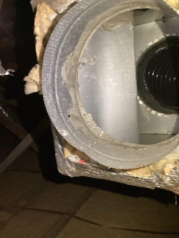 Conducted inspection of damaged ductwork insulation at connection points, documenting torn reflective insulation and compromised seals. Scheduled installation of manual dampers to address airflow regulation issues, with parts to be acquired prior to the scheduled completion.