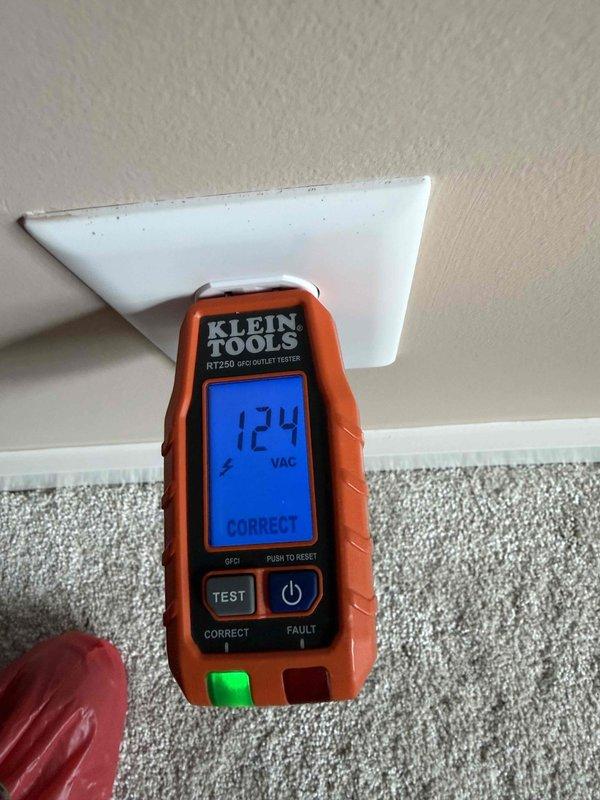 Completed panel replacement service with new copper busbars and circuit breakers. Performed comprehensive testing of electrical outlets using Klein Tools RT250 GFCI tester, confirming proper wiring and voltage readings of 124 VAC. Five-year warranty on parts and labor included with membership.