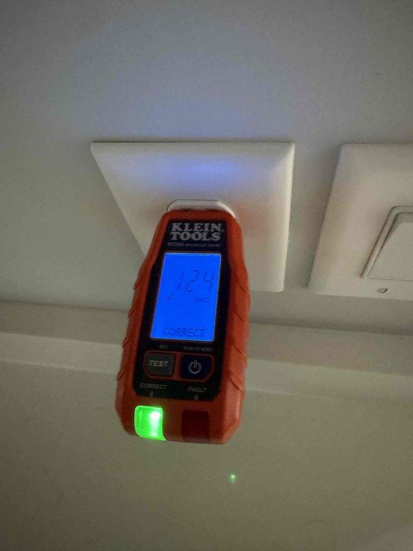 Completed panel replacement service with new copper busbars and circuit breakers. Performed comprehensive testing of electrical outlets using Klein Tools RT250 GFCI tester, confirming proper wiring and voltage readings of 124 VAC. Five-year warranty on parts and labor included with membership.