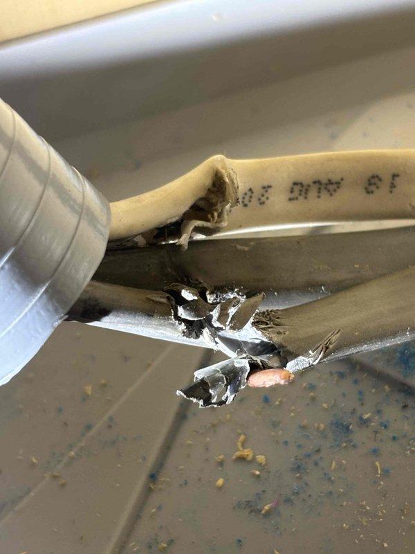 Inspected electrical system following Home Depot dishwasher installation that resulted in non-functioning disposal. Discovered customer's water line installation had penetrated electrical conduit, damaging wires that power both disposal and dishwasher. Scheduled return visit to install waterproof junction box, run new conduit with appropriate wiring for switches and outlets, replace dishwasher wiring, and reinstall dishwasher. Temporarily disabled circuit breaker to prevent electrical hazards.