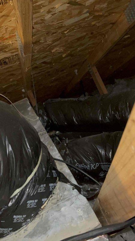 Conducted comprehensive inspection of attic duct system in response to customer's mold concerns. Examined fiberglass duct liner and black insulated flexible ducts for moisture contributors, documenting current condition with photos. Provided recommendations for remediation options including replacement of affected materials with external insulation alternatives and preventative measures to address ongoing moisture issues.