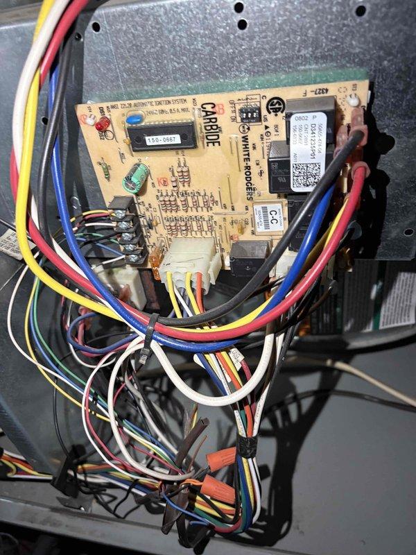 Responded to no-power issue in 2008 upstairs HVAC unit. Inspection revealed severe corrosion and scale buildup on critical components, along with deteriorated CMBIDE control board. Diagnosed electrical failure due to moisture damage and component degradation.