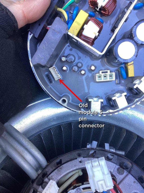 Successfully replaced downstairs blower motor, installing new module with 5-pin connector. Verified proper operation after installation and disposed of old motor assembly according to protocol.