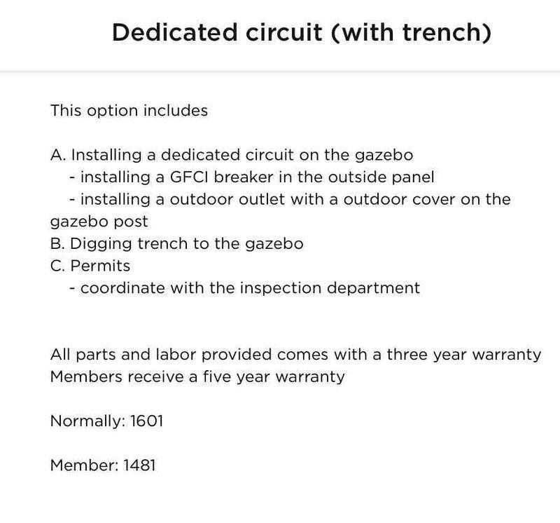 Completed installation of outdoor GFCI outlet for customer's gazebo by adding a dedicated circuit with trenching. Inspected main panel to determine available capacity, installed GFCI breaker, and ran appropriate wiring through trench to gazebo location to power customer's smoker and accessories.