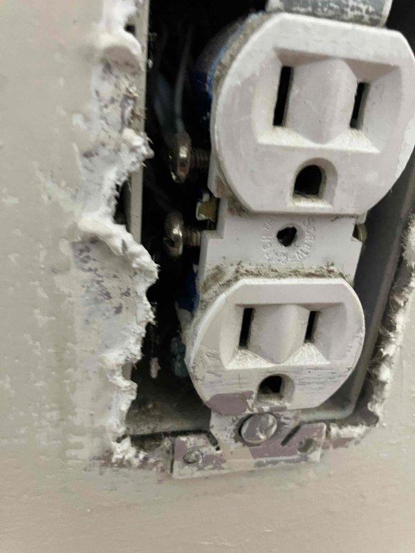 Completed scheduled POM Electrical Visit. Inspection revealed damaged outlet with missing cover plate and deteriorating drywall surrounding the receptacle. Gas meter installation was examined and found to be in normal working condition with proper mounting.