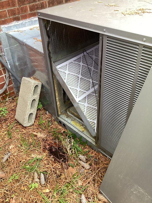 Completed preventative maintenance tune-up on 2018/2019 Fujitsu packaged HVAC unit. Inspected system components, cleaned debris from exterior housing and top panel, and checked air filter condition. System evaluated for cooling efficiency concerns reported at higher ambient temperatures; refrigerant charge assessment performed to address inadequate cooling performance during peak load conditions.