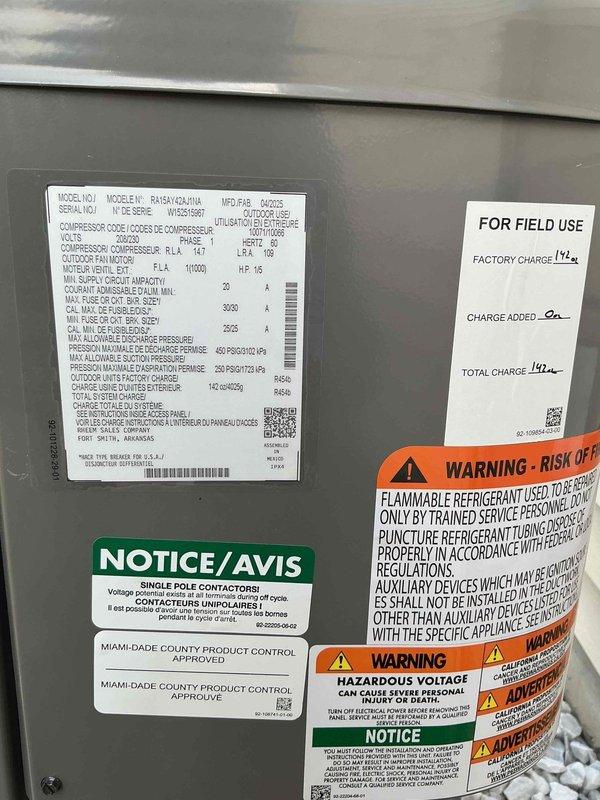 Completed full HVAC system installation including Goodman model RAHA060AUA air conditioning unit with R-410A refrigerant (174oz factory charge, 44oz total system charge) and matching furnace in attic space. System installed with proper copper refrigerant line sets with insulation, flexible ductwork connections, and all electrical components including safety switches and reset buttons per manufacturer specifications.