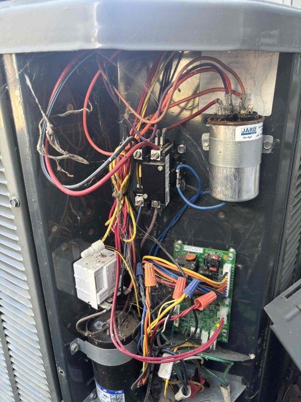 Responded to no-cool complaint on upstairs 7-8 year old system where outdoor unit was not operating despite thermostat and indoor fan running normally. Upon inspection, accessed electrical compartment and diagnosed failed capacitor preventing compressor operation. Measured supply air temperature at 46.5°F confirming system restored to proper cooling function after capacitor replacement. Also performed routine maintenance inspection on recently installed downstairs system as requested.