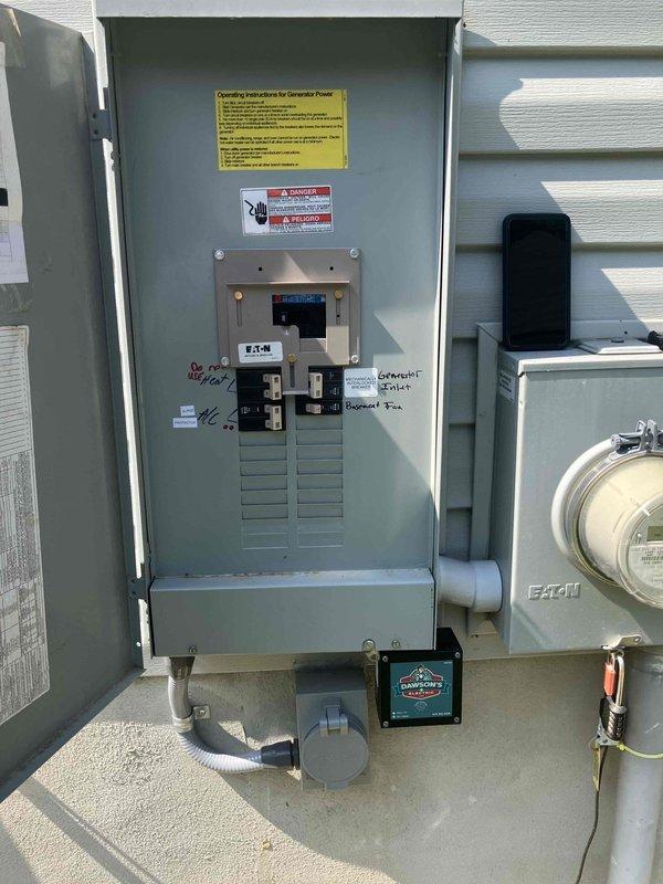 Successfully installed customer-supplied ceiling fan with integrated lighting in front office, including proper mounting and electrical connections. Installed dedicated 50-amp generator inlet on main electrical service panel with Eaton brand-specific interlock kit to enable safe generator backup power operation. Provided 50-amp generator power cord and completed all necessary permit requirements for the generator transfer system installation.