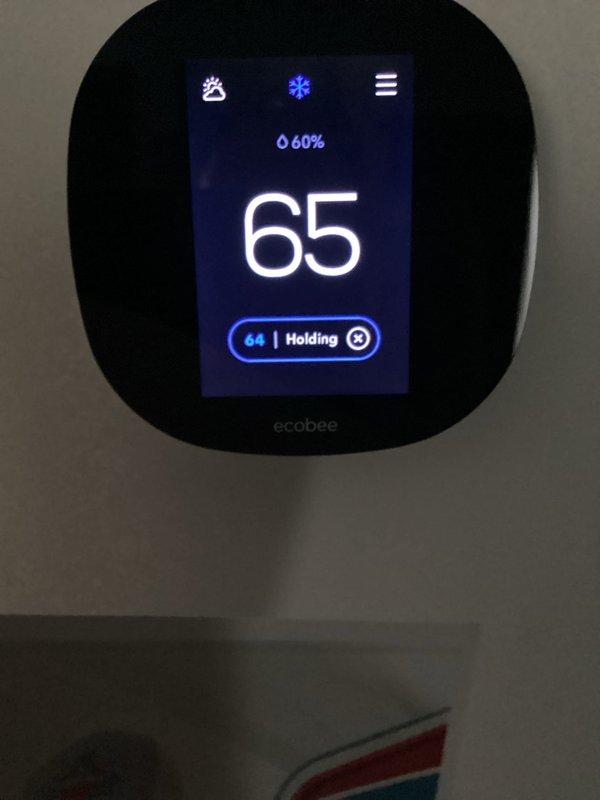 Responded to no-cool complaint on 5-year-old split-level system where upstairs zone was not reaching setpoint while downstairs operated normally. Upon arrival, verified ecobee thermostat was calling for cooling with setpoint at 65°F but space temperature reading 66°F, indicating insufficient cooling capacity to upper level. Conducted system diagnostics to identify cause of inadequate cooling performance to affected zone.