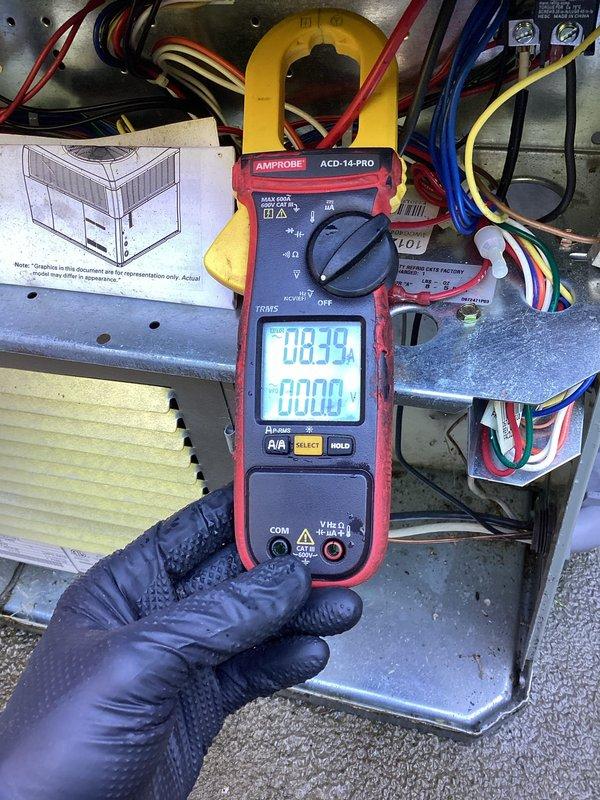 Completed comprehensive heating and air maintenance on one 2020 HVAC unit including 80-point inspection, outdoor coil cleaning, burner cleaning, gas pressure adjustments, and safety inspections. Verified refrigerant line connections and measured electrical amperage readings using clamp meter to ensure proper system operation. All components found operating within normal parameters and unit left in proper working condition.