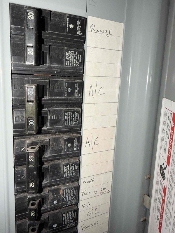 Responded to no cooling complaint on downstairs HVAC unit in a two-system residence with 20-year-old equipment. Upon arrival, verified system was blowing air but not producing cooling as reported. Inspected electrical panel and documented breaker configuration for both upstairs and downstairs heating and cooling circuits. Unit had been shut off by customer prior to service call due to malfunction.