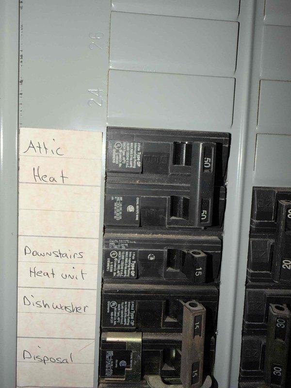 Responded to no cooling complaint on downstairs HVAC unit in a two-system residence with 20-year-old equipment. Upon arrival, verified system was blowing air but not producing cooling as reported. Inspected electrical panel and documented breaker configuration for both upstairs and downstairs heating and cooling circuits. Unit had been shut off by customer prior to service call due to malfunction.