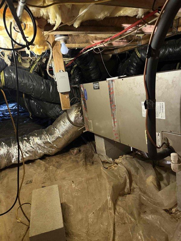 Performed sales consultation for replacement of 22-year-old HVAC system consisting of outdoor condensing unit and crawlspace-mounted air handler. Documented existing equipment configuration including flexible ductwork, PVC condensate drainage, and electrical connections in crawlspace installation. Homeowner specifically requested Carrier equipment with 17-18 SEER variable speed compressor and variable speed air handler, though noted previous preference for Trane brand based on past experience.