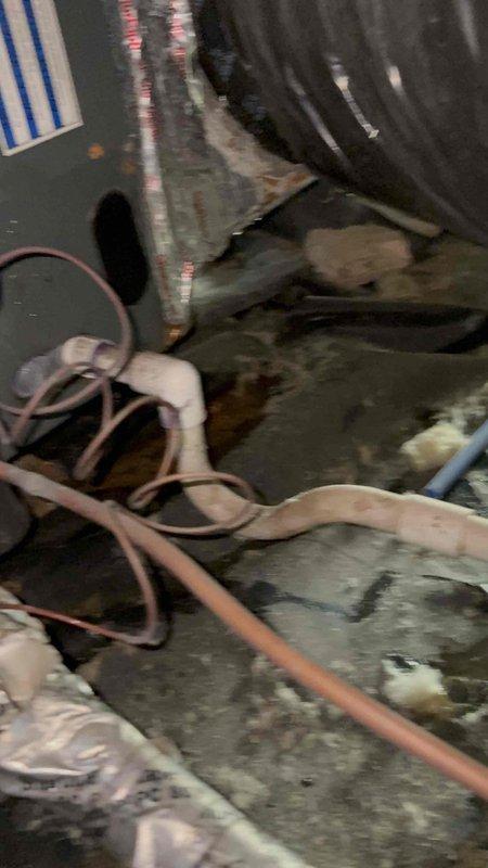Responded to no cooling call on 11-year-old residential air conditioning system. Upon arrival, inspected indoor evaporator coil assembly located in attic space and found extensive rust and corrosion on refrigerant lines and coil framework, indicating prolonged moisture exposure and system deterioration. Observed compromised refrigerant line integrity with heavy oxidation on copper tubing and mounting brackets. System components showed significant age-related wear consistent with equipment nearing end of service life. Documented conditions with photos showing corroded coil assembly, deteriorated insulation, and moisture damage throughout attic installation area for customer review and replacement recommendations.